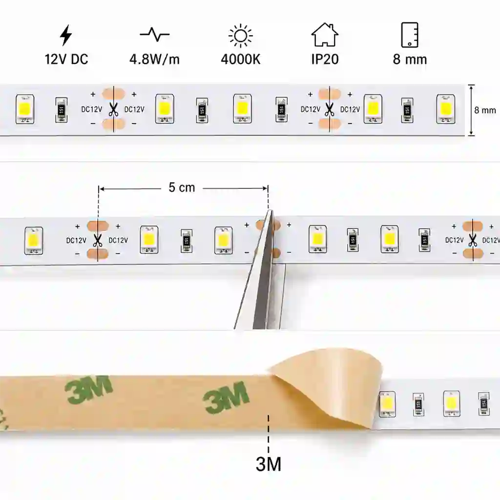Technický detail LED pásku 8mm s dělením každých 5cm